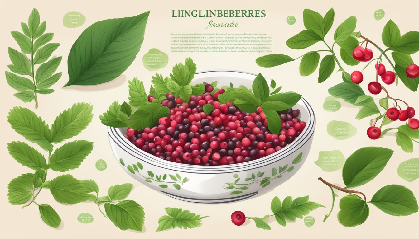 A bowl of fresh lingonberries surrounded by leaves and flowers, with a nutritional chart showing their health benefits