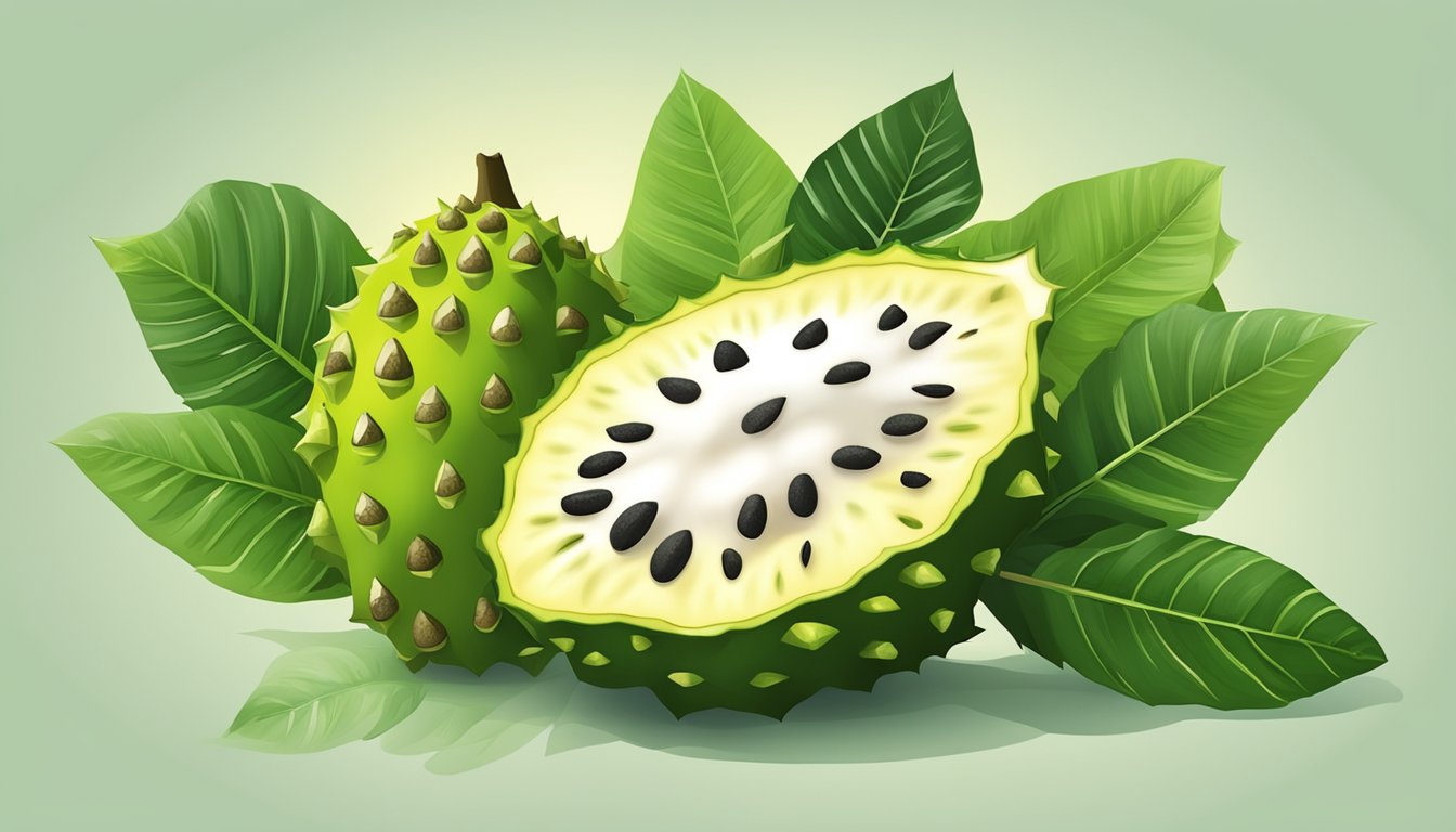 A vibrant soursop fruit surrounded by leaves and flowers, with a glowing halo of light to emphasize its health benefits