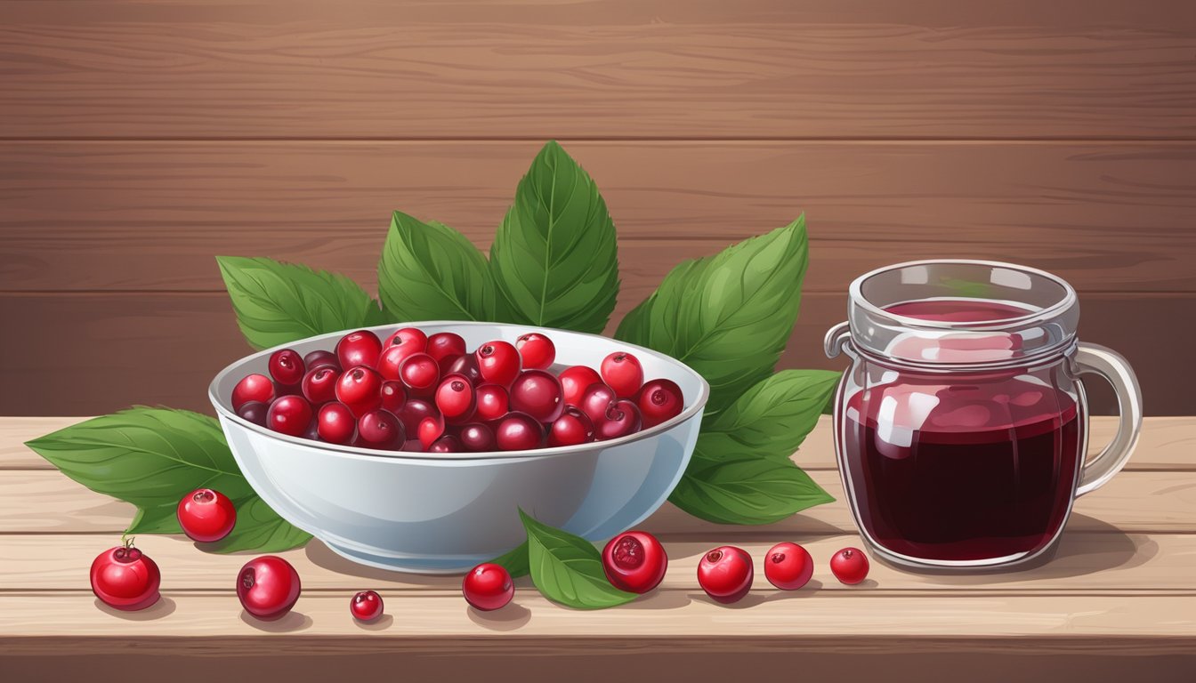 A bowl of fresh lingonberries surrounded by leaves and flowers, with a glass of lingonberry juice and a jar of lingonberry jam on a rustic wooden table