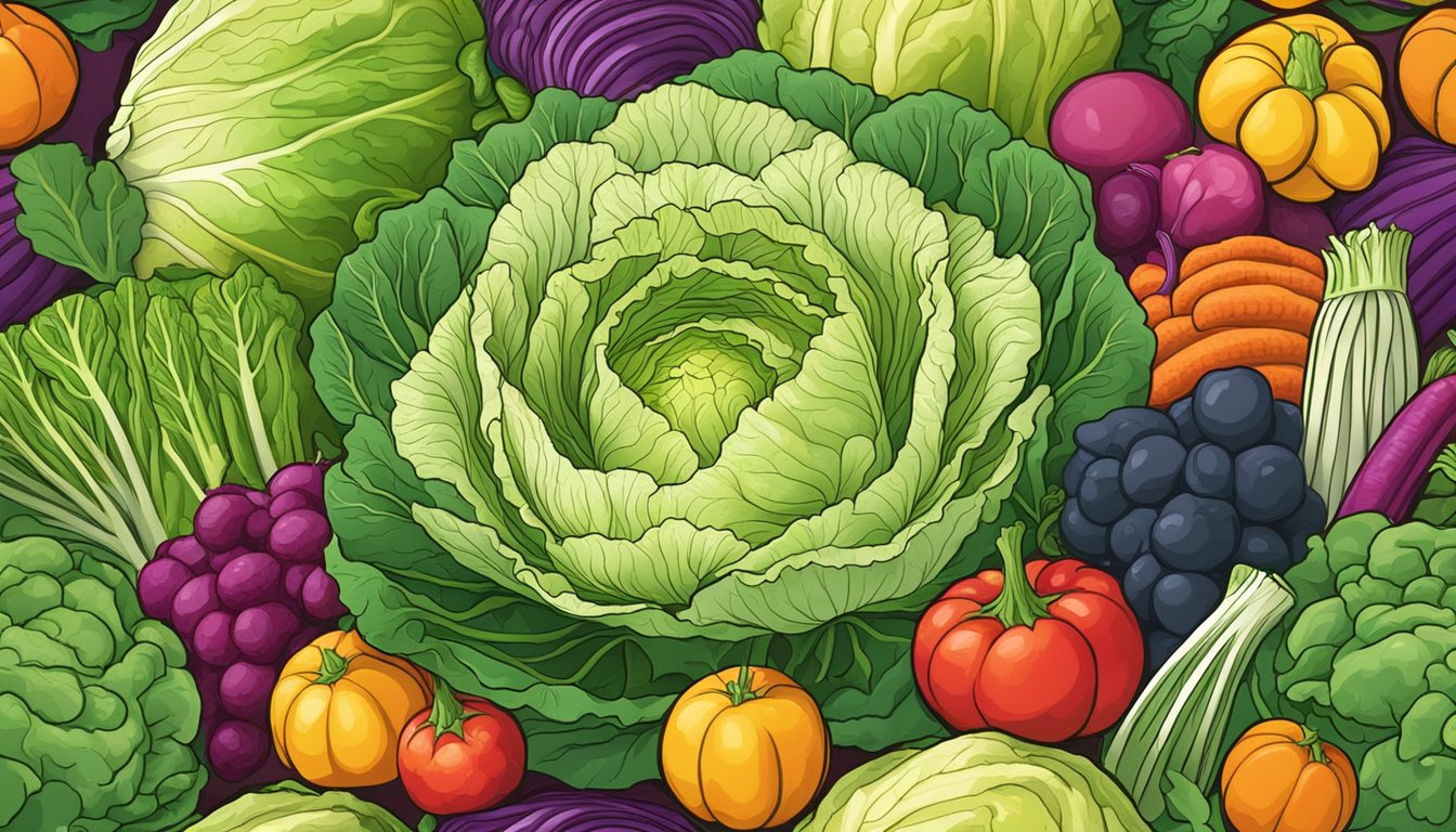 A vibrant illustration of napa cabbage surrounded by other colorful vegetables, with a glowing halo to depict its health benefits