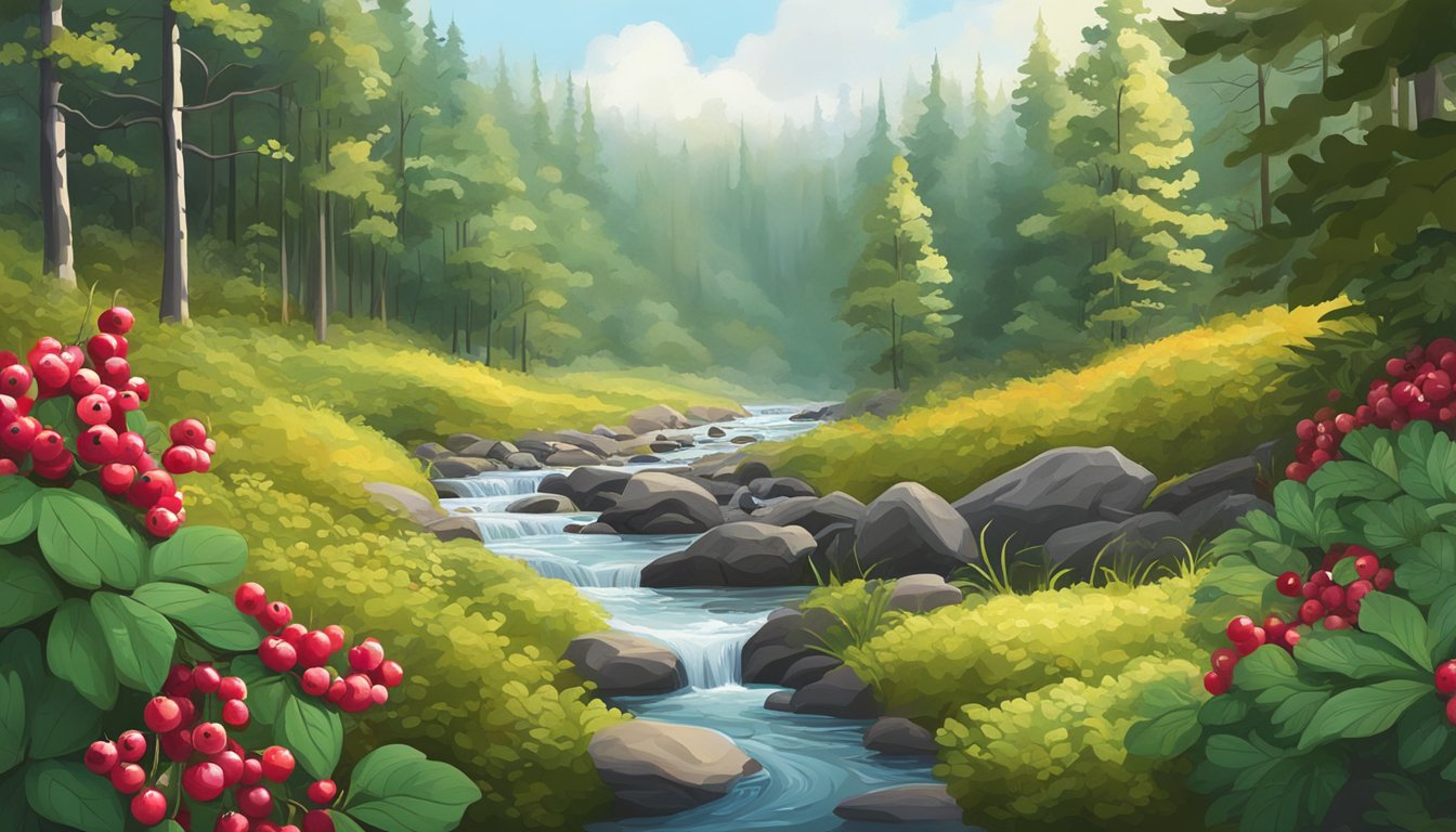 A lush forest with lingonberry bushes, ripe red berries, and a clear stream, surrounded by wildlife