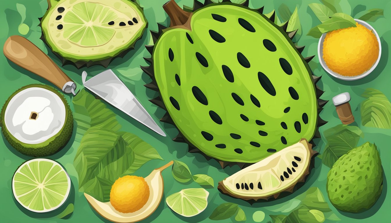 A soursop fruit surrounded by various culinary tools and ingredients, with a focus on its vibrant green exterior and spiky texture