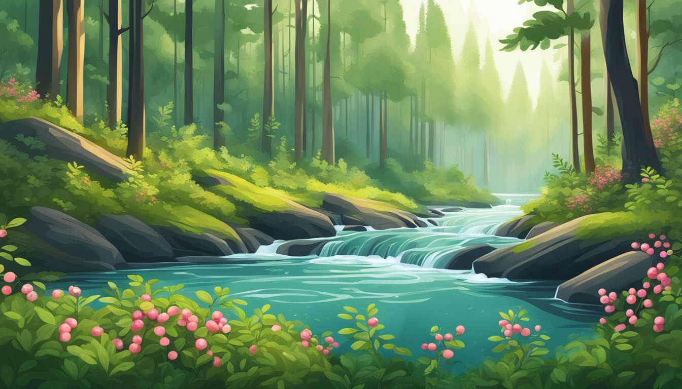 A lush forest with lingonberry bushes, surrounded by clean air and flowing water, showcasing the natural environment and sustainability of the berries