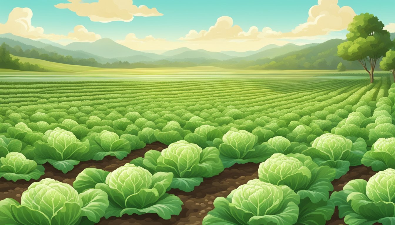 A lush field of napa cabbage under the warm sun, surrounded by healthy soil and clear, clean water