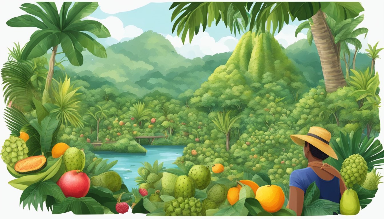 A lush tropical landscape with soursop trees and vibrant fruits, surrounded by cultural symbols and people enjoying soursop-based products