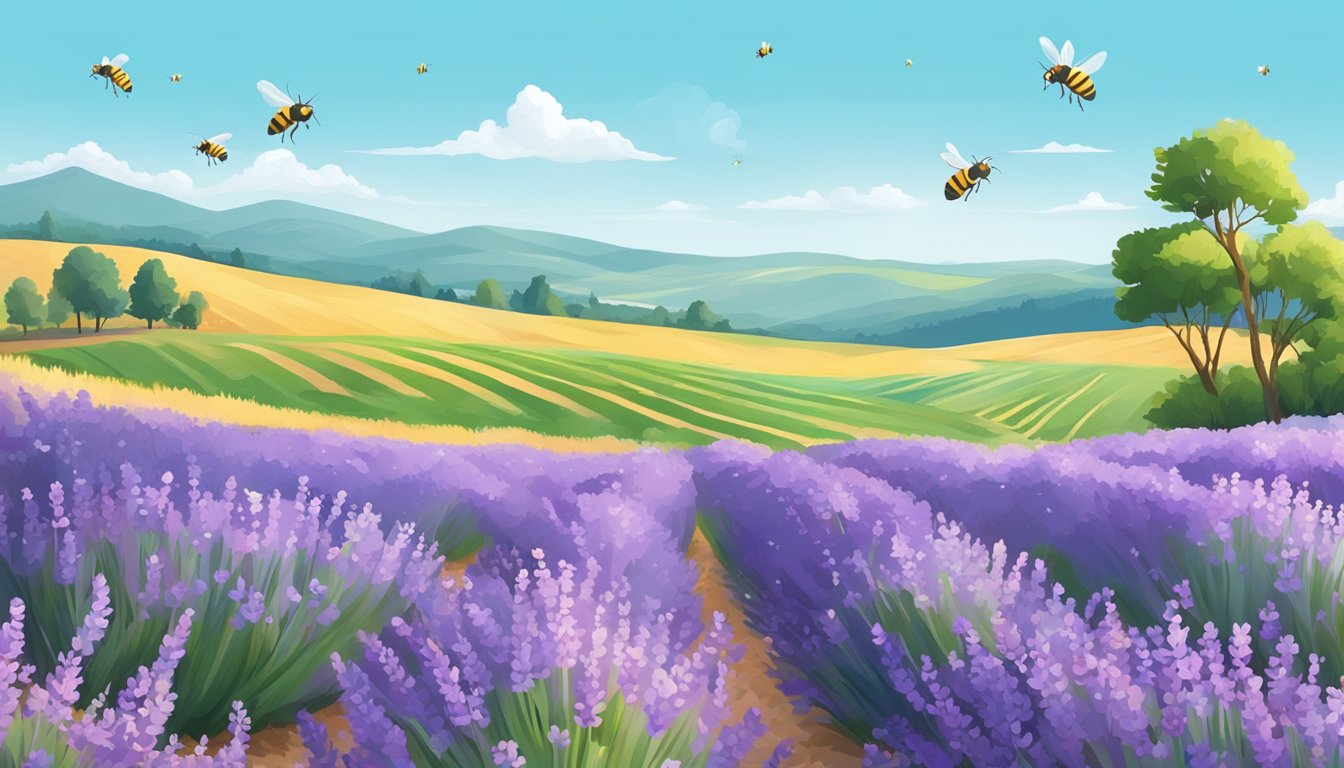 A vibrant field of blooming lavender with bees buzzing around, set against a backdrop of rolling hills and a clear blue sky