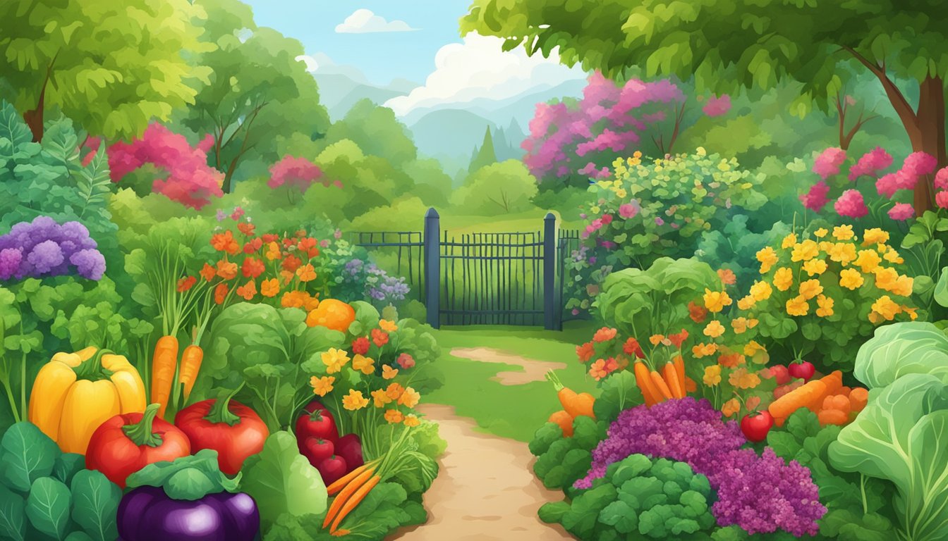 A lush garden with vibrant sorrel leaves and a variety of colorful vegetables, surrounded by a sign promoting health benefits