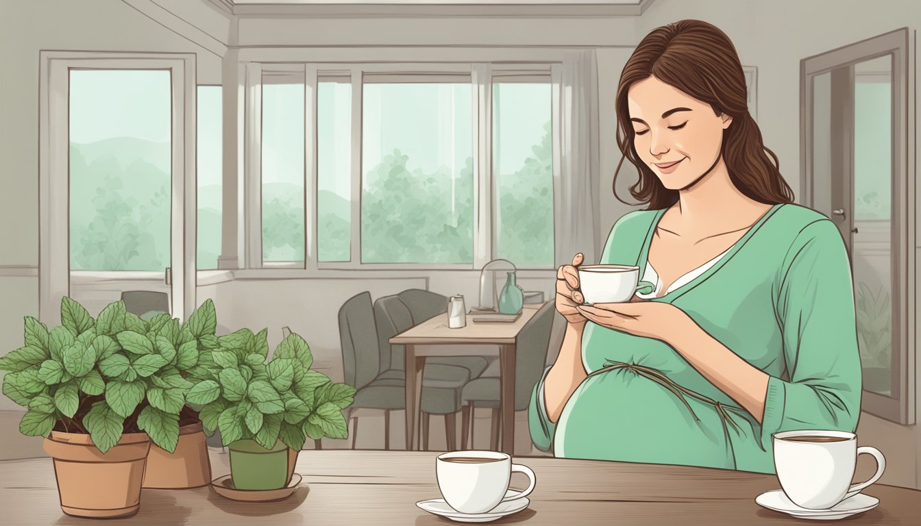 A pregnant woman holding a cup of mint tea, looking relieved from morning sickness. A mint plant sits on the table, symbolizing the health benefits of mint