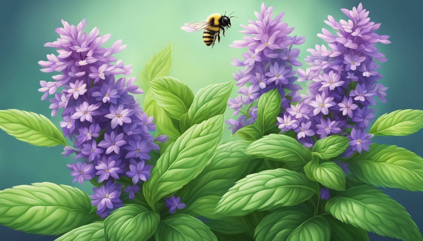 A vibrant mint plant grows tall and healthy, with lush green leaves and small purple flowers. Bees buzz around, drawn to the sweet scent