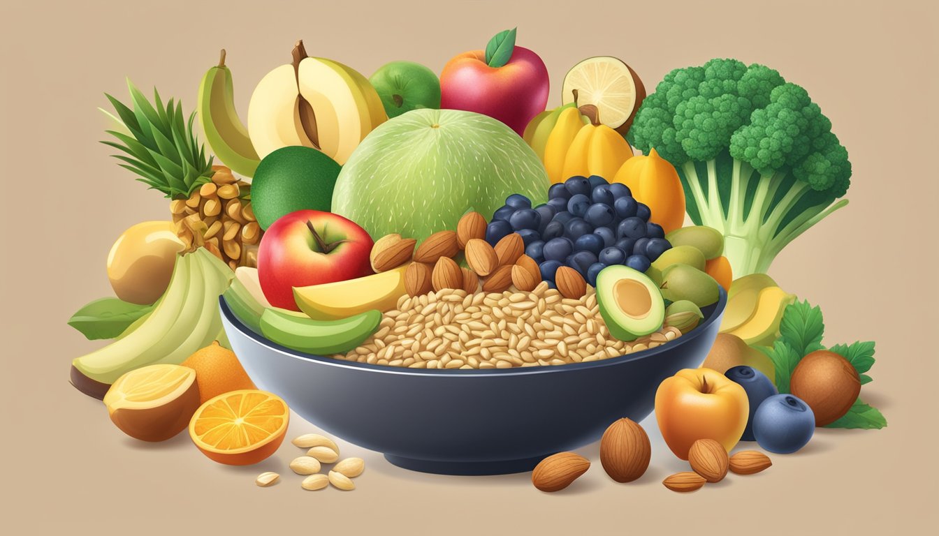 A bowl of sesame seeds surrounded by images of healthy foods like fruits, vegetables, and nuts, with a glowing halo around the seeds