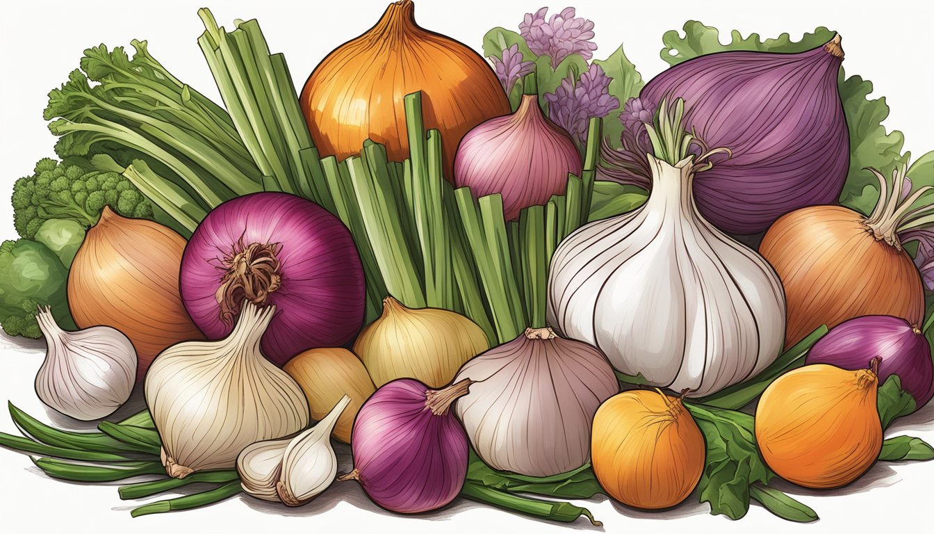 A colorful array of fresh shallots, surrounded by various fruits and vegetables, with a prominent focus on their health benefits