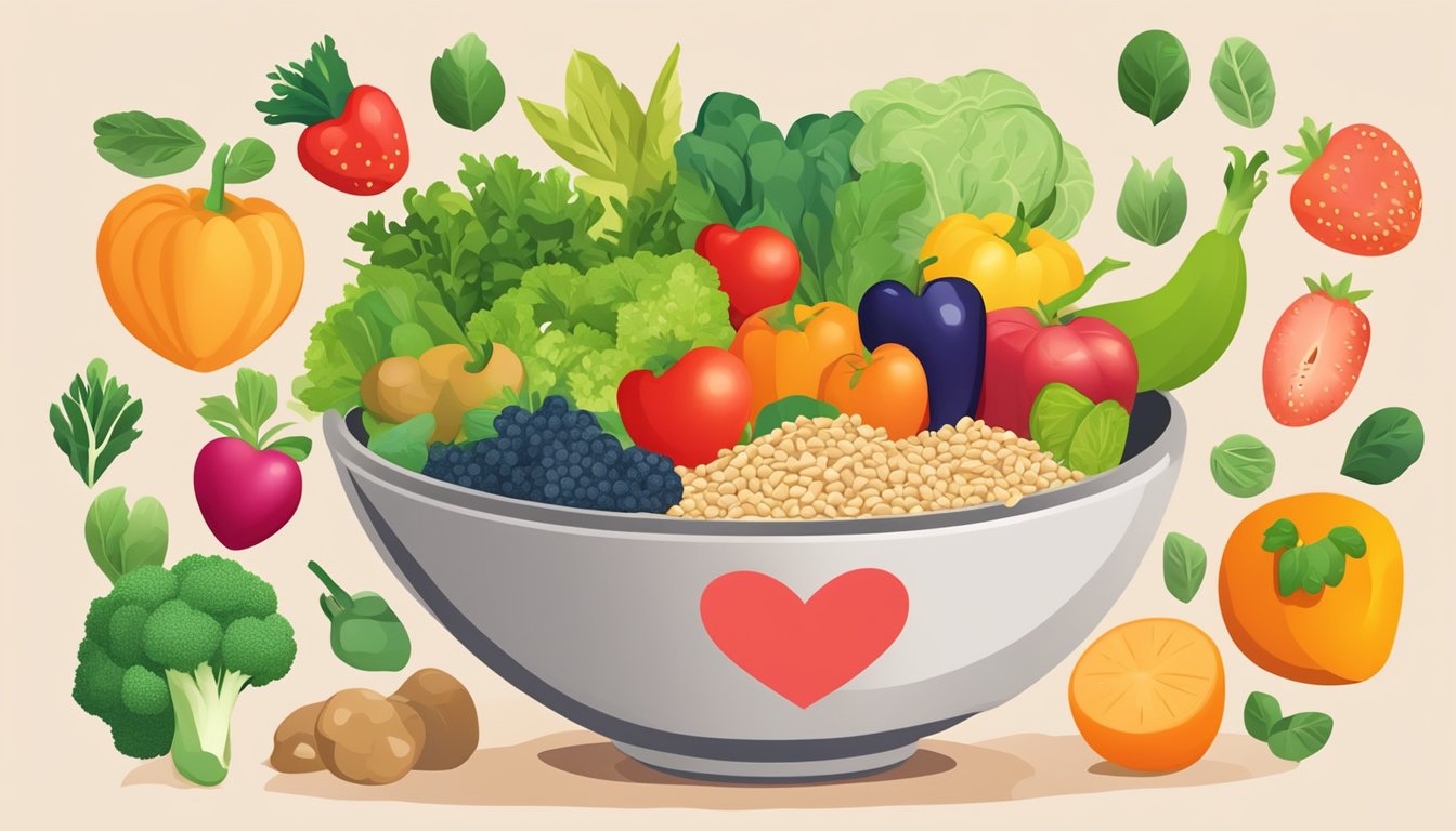 A bowl of sesame seeds surrounded by fresh fruits and vegetables, with a heart-shaped symbol above, symbolizing cardiovascular health benefits