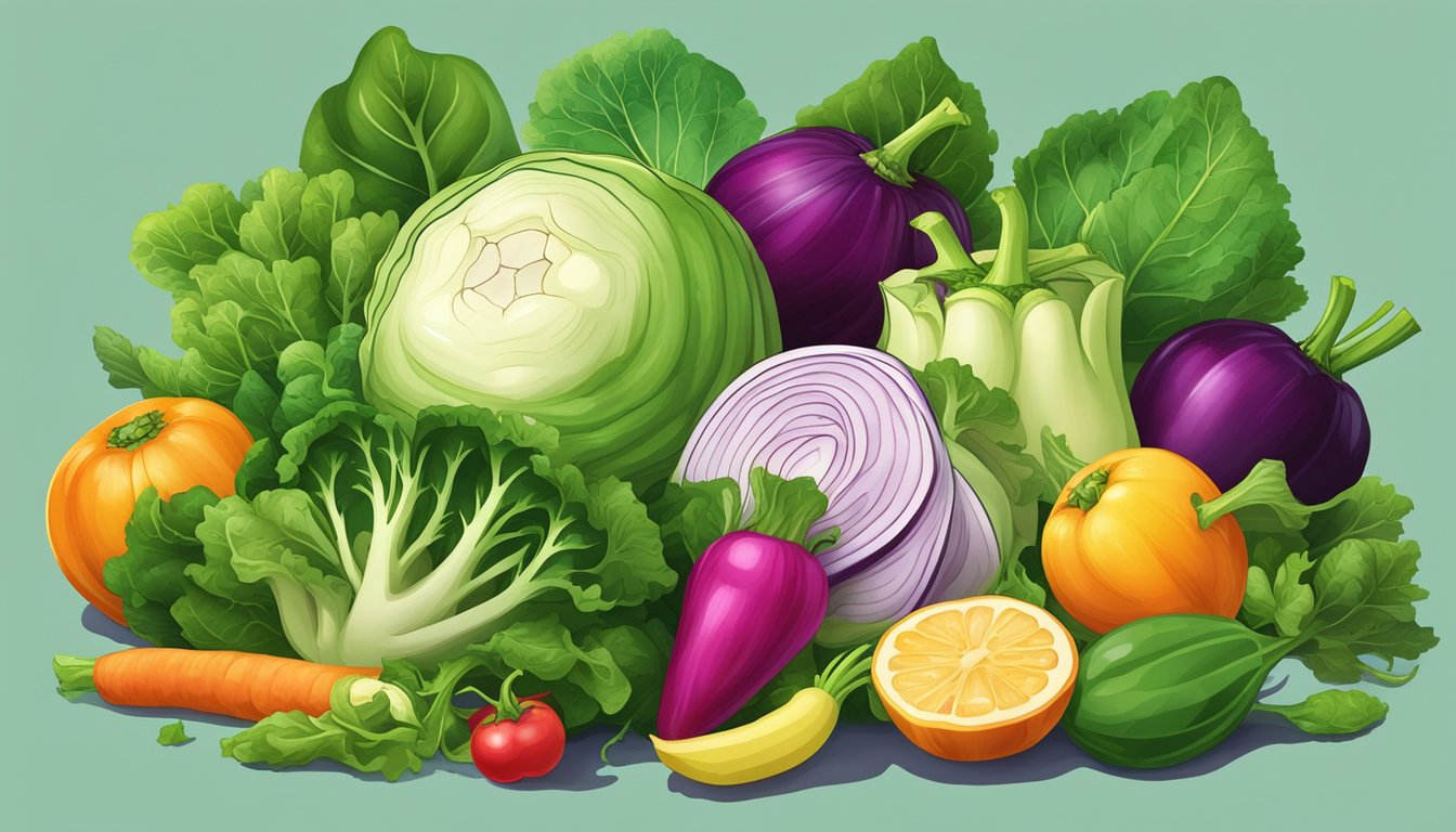 A colorful array of fresh kohlrabi, surrounded by vibrant green leaves and accompanied by a variety of nutrient-rich vegetables and fruits