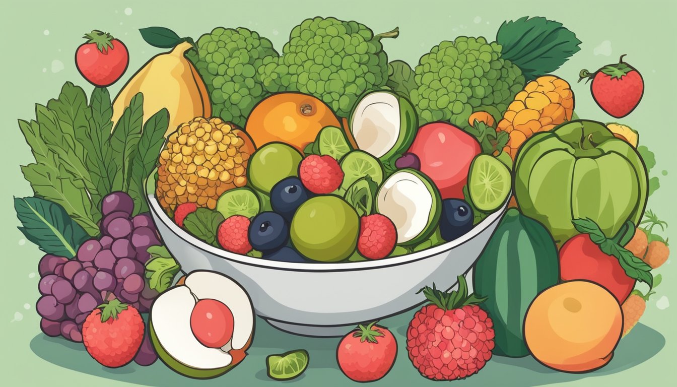 A bowl of fresh lychees surrounded by various fruits and vegetables, with a heart symbolizing the potential health benefits of lychee for preventing chronic diseases