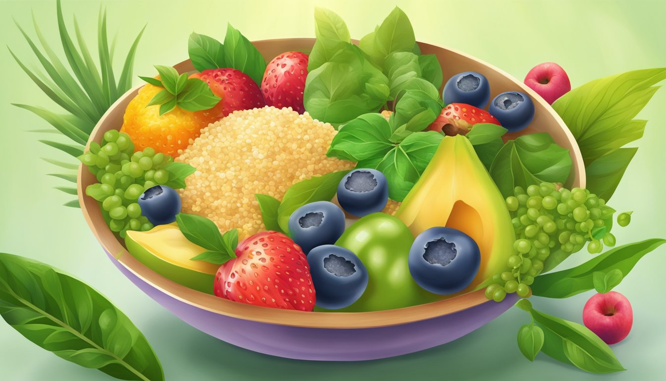 A bowl of sesame seeds surrounded by vibrant green leaves and colorful fruits, with rays of sunlight highlighting their anti-inflammatory and antioxidant properties