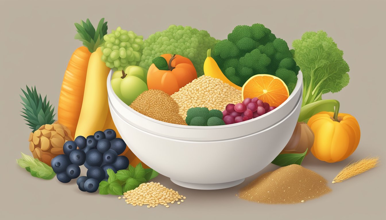 A bowl of sesame seeds surrounded by various fruits, vegetables, and grains, with a glowing halo to symbolize the health benefits for digestive and gut health