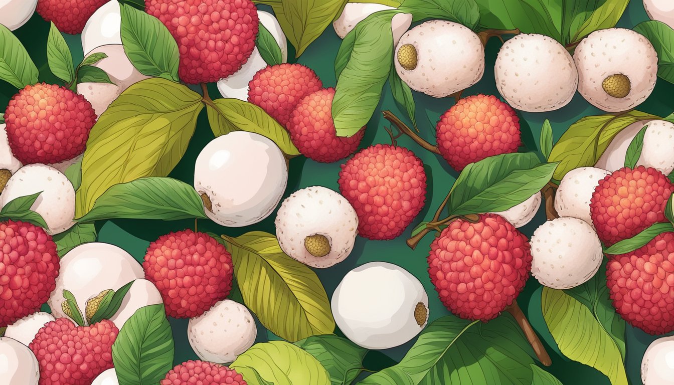 A colorful assortment of fresh lychee fruits surrounded by vibrant green leaves and a clear, informational diagram highlighting the health benefits of lychee