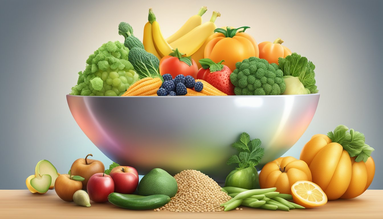 A bowl of sesame seeds surrounded by various fruits and vegetables, with a glowing halo effect to represent their metabolic and endocrine benefits