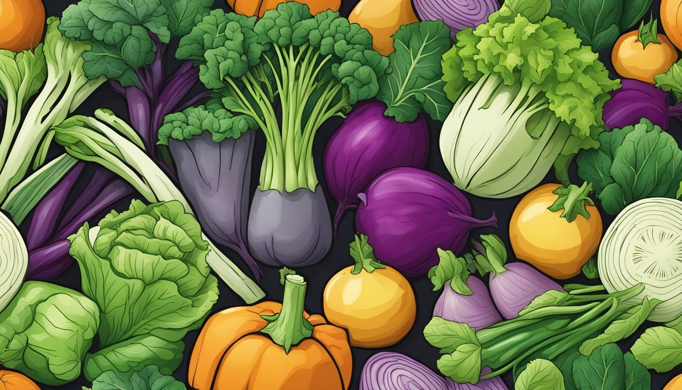 A colorful array of fresh kohlrabi, surrounded by vibrant green leaves and other assorted vegetables, with a focus on the unique texture and shape of the kohlrabi