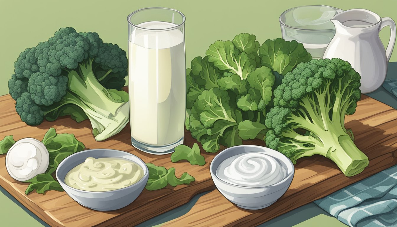 A colorful array of kohlrabi, broccoli, and leafy greens arranged on a wooden cutting board, with a glass of milk and a bowl of yogurt nearby