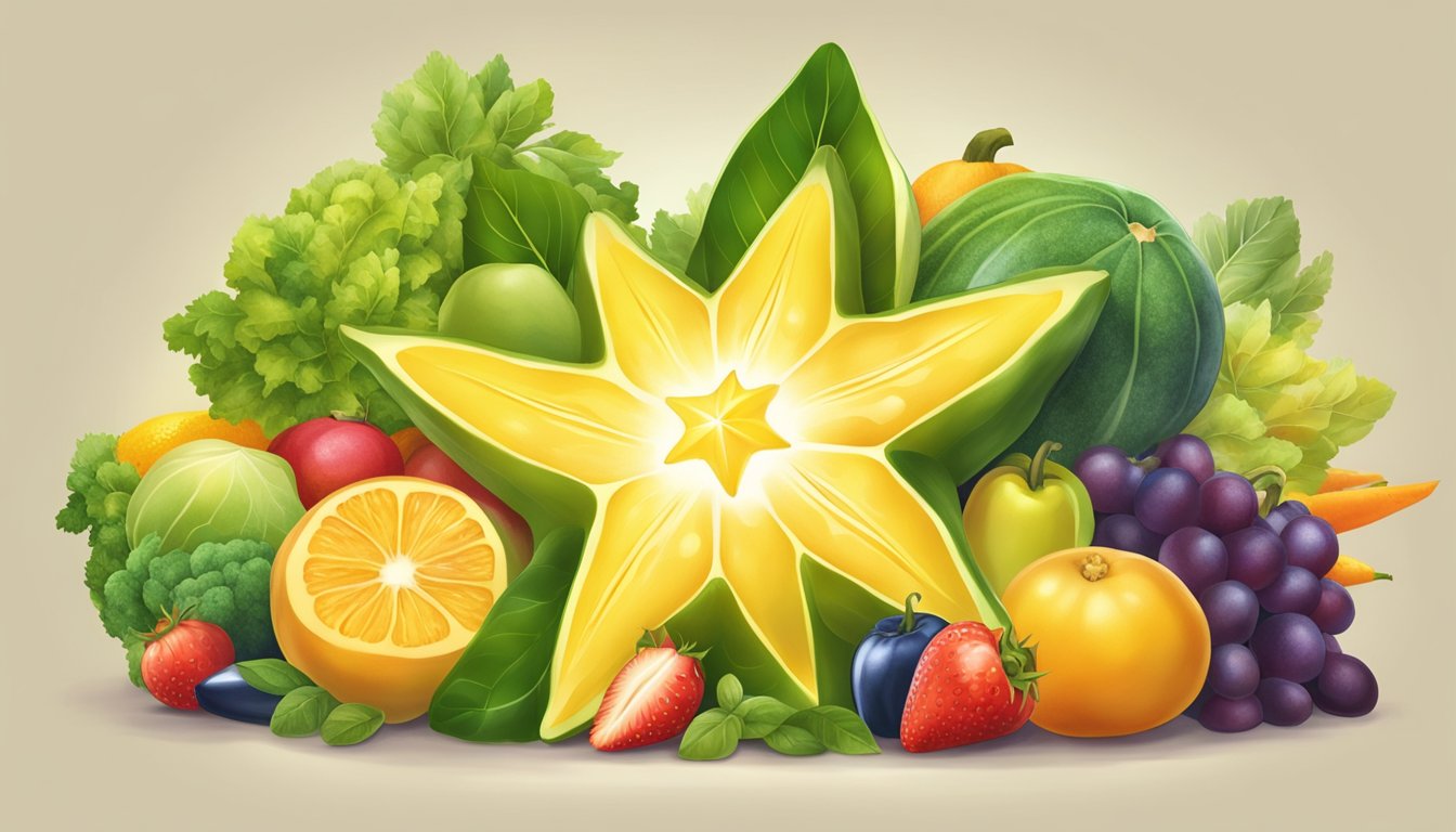 A vibrant star fruit surrounded by various fruits and vegetables, with a halo of glowing health benefits radiating from it