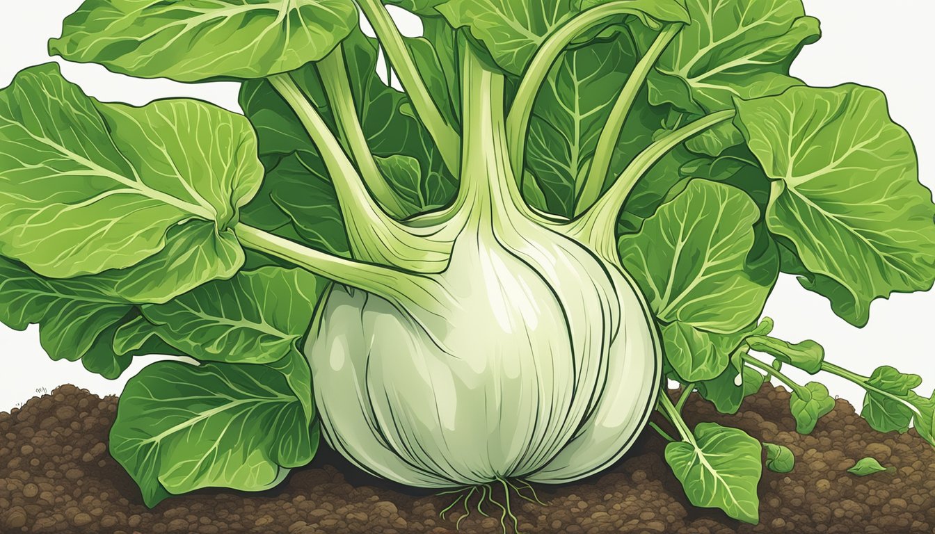 A kohlrabi plant surrounded by vibrant green leaves, with the bulbous stem emerging from the soil, showcasing its endocrine and metabolic benefits