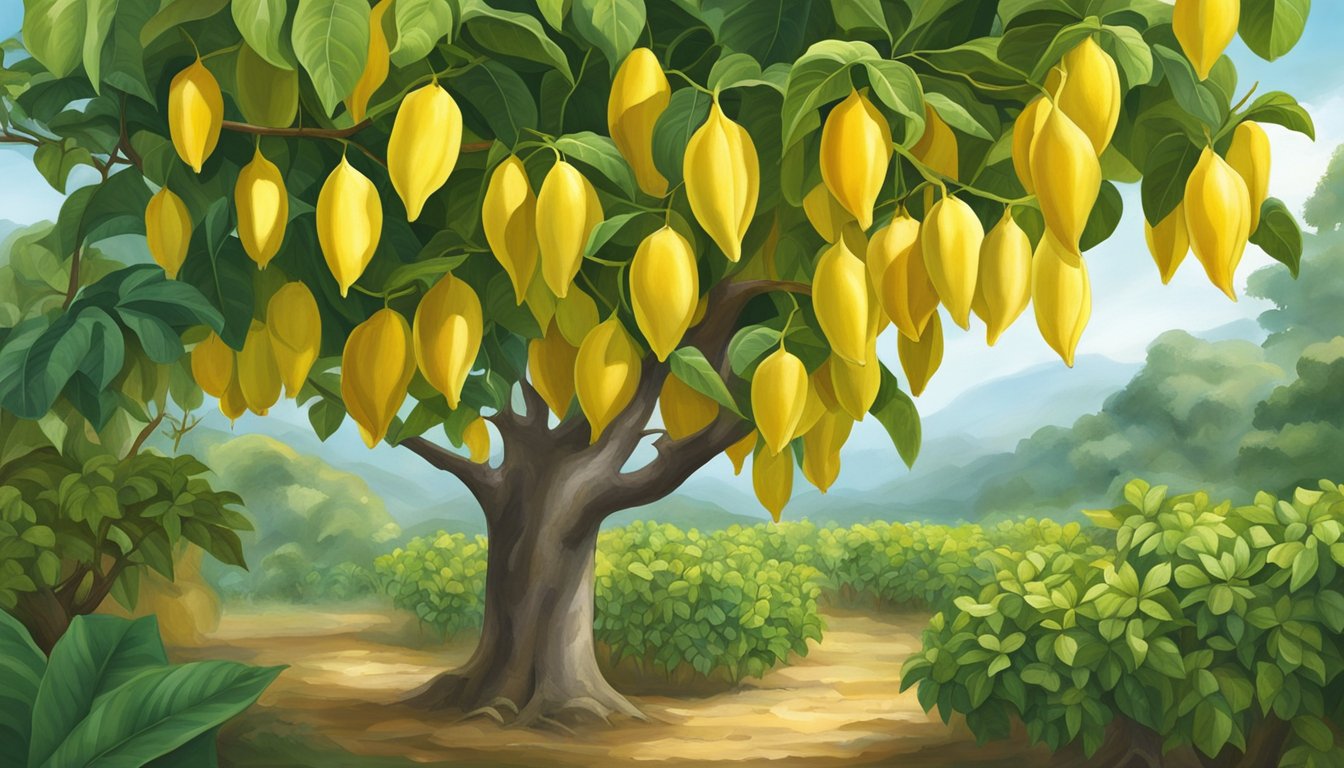 A star fruit tree surrounded by lush greenery, with ripe yellow fruits hanging from the branches. The fruits are being harvested by local farmers, emphasizing their cultural and historical significance