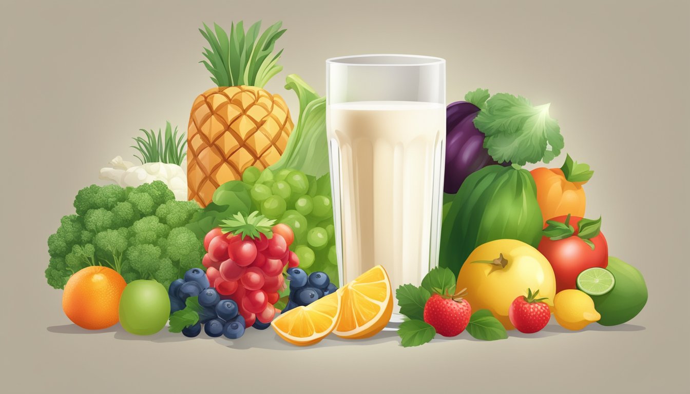 A glass of kefir surrounded by fresh fruits and vegetables, with a bright spotlight highlighting its health benefits