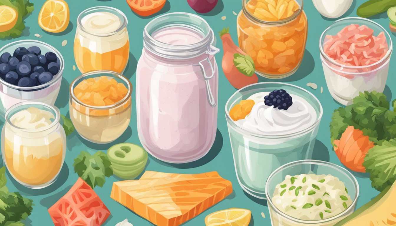 A glass of kefir surrounded by various other fermented foods, such as yogurt, kimchi, and sauerkraut. Bright, colorful, and inviting