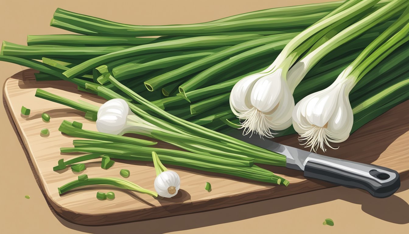 A vibrant bunch of scallions, with their long green stalks and white bulbs, sits on a cutting board next to a knife and a storage container