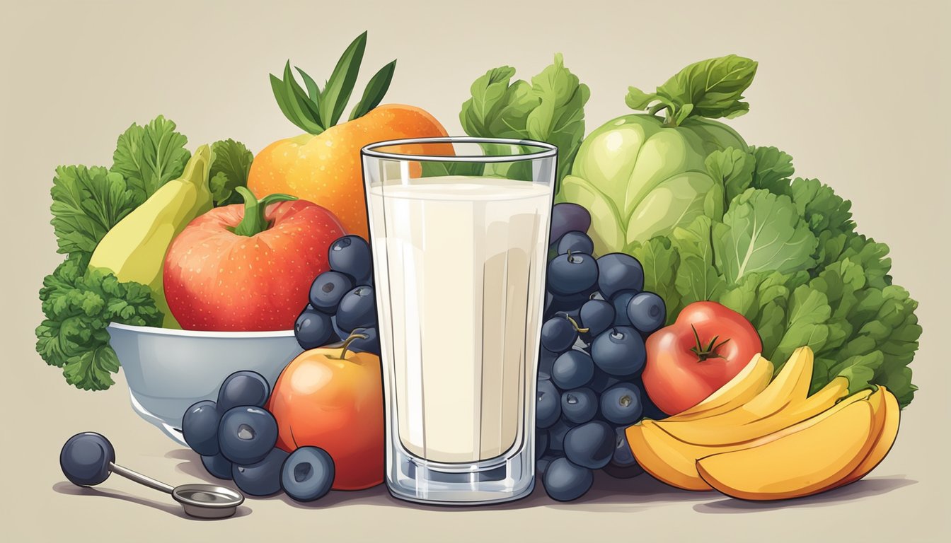 A glass of kefir surrounded by fresh fruits and vegetables, with a doctor's stethoscope nearby