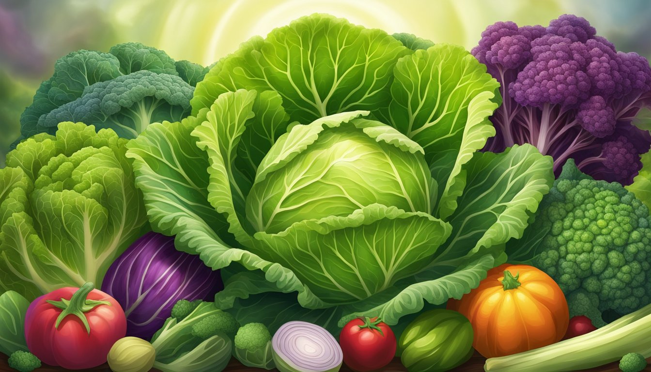 A vibrant savoy cabbage surrounded by other colorful vegetables, with a glowing halo to symbolize its nutritional benefits