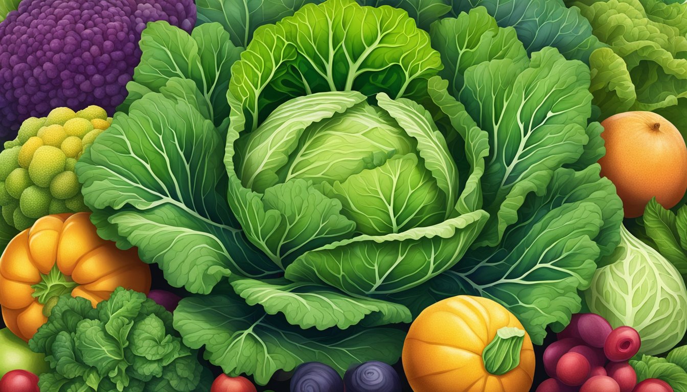 A vibrant savoy cabbage with a full, leafy head, surrounded by other colorful vegetables and fruits. The cabbage is shown in a fresh and healthy environment, with a focus on its fiber content and digestive health benefits