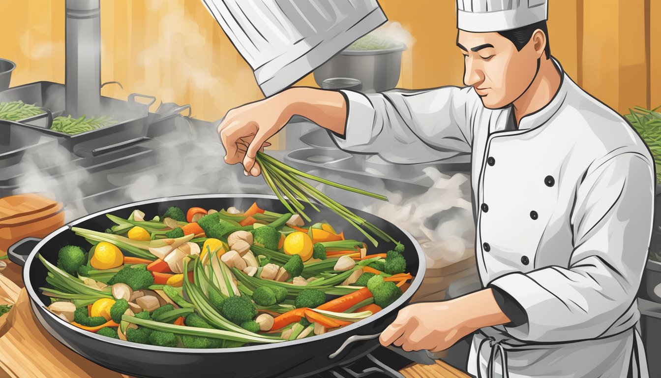 A chef adding chopped lemongrass to a sizzling pan of stir-fry vegetables