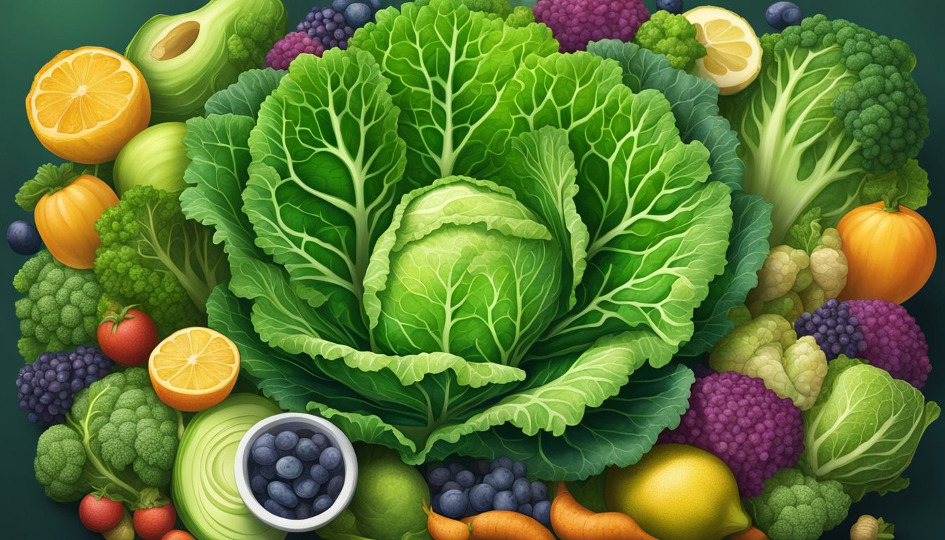 A vibrant savoy cabbage surrounded by various immune-boosting foods, with a glowing shield symbolizing a strengthened immune system