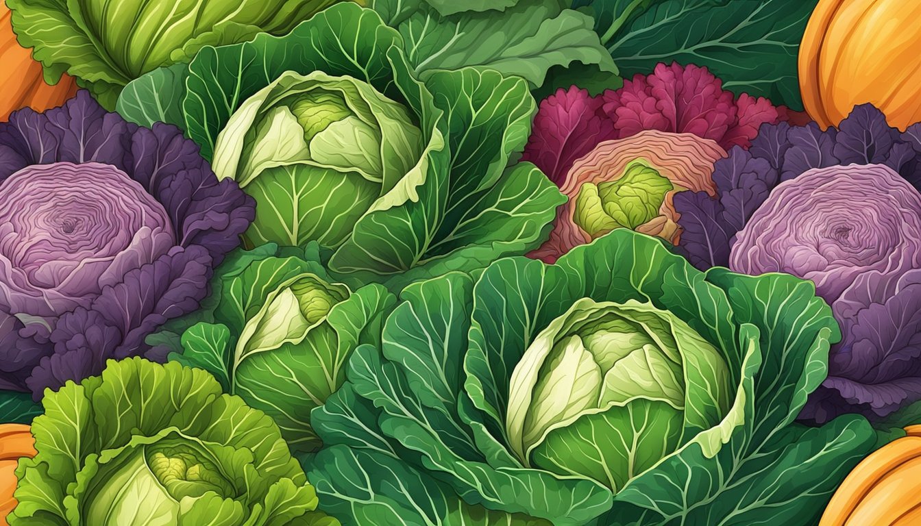 A vibrant savoy cabbage surrounded by other colorful vegetables, with a spotlight on its rich green leaves and crisp texture