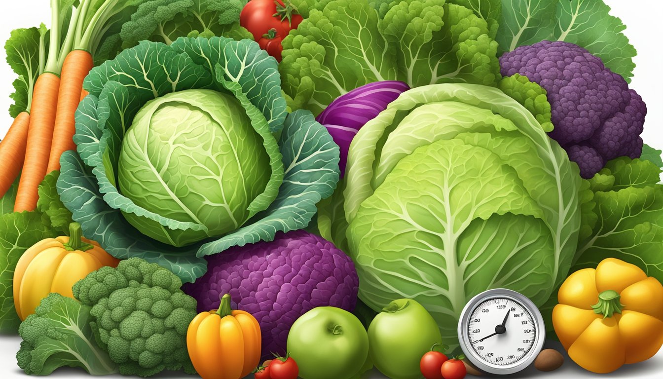 A vibrant pile of fresh savoy cabbage, surrounded by other colorful vegetables, with a measuring tape wrapped around it to symbolize weight management and low-calorie profile