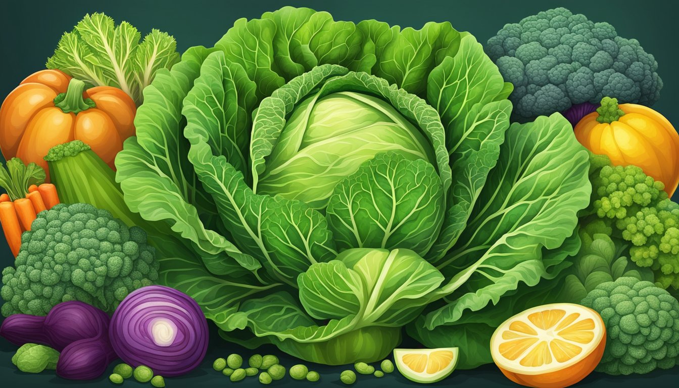 A vibrant bunch of savoy cabbage surrounded by an array of colorful and diverse vegetables, showcasing the versatility and health benefits of this nutritious ingredient