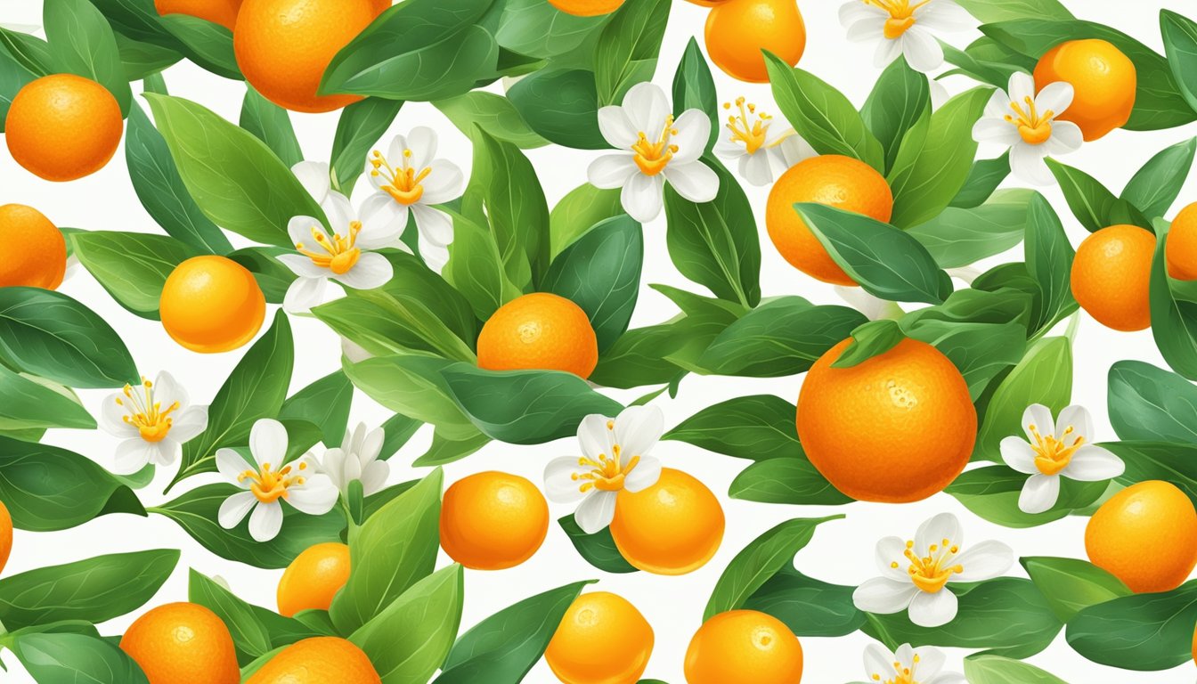 A bowl of vibrant kumquats surrounded by fresh green leaves and a scattering of blossoms, conveying a sense of freshness and health