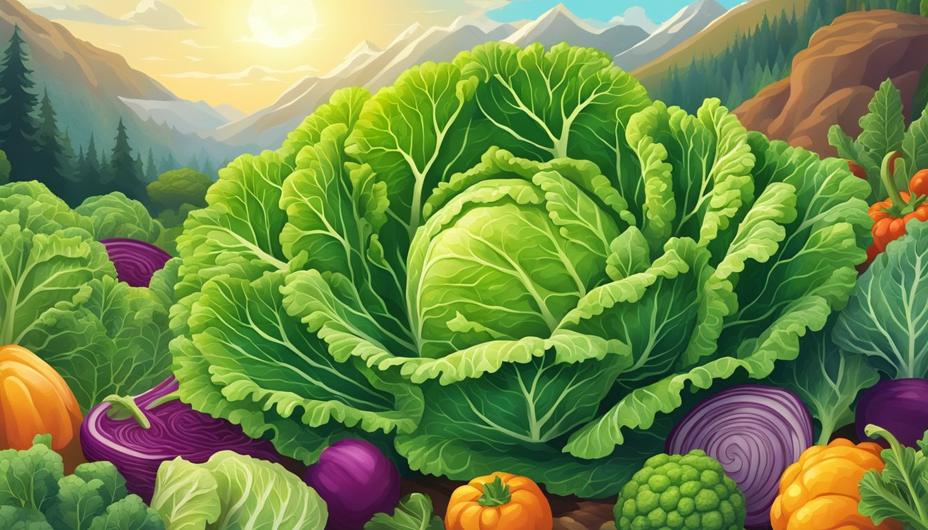 A vibrant illustration of a head of savoy cabbage surrounded by other colorful, nutrient-rich vegetables, with a glowing halo to symbolize its health benefits