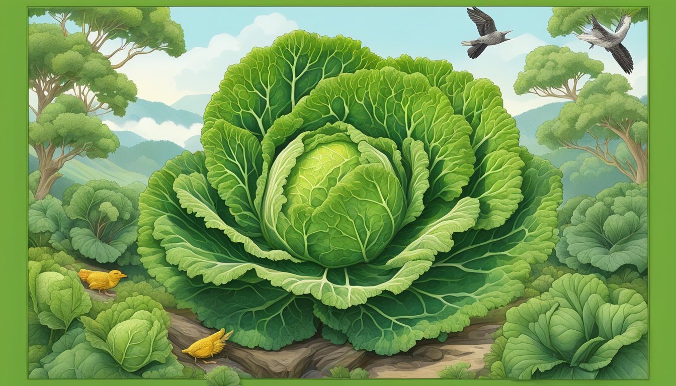 A lush field of savoy cabbage surrounded by diverse wildlife, with a clear stream flowing nearby. The vibrant green leaves and crisp texture of the cabbage convey its health benefits and cultural significance