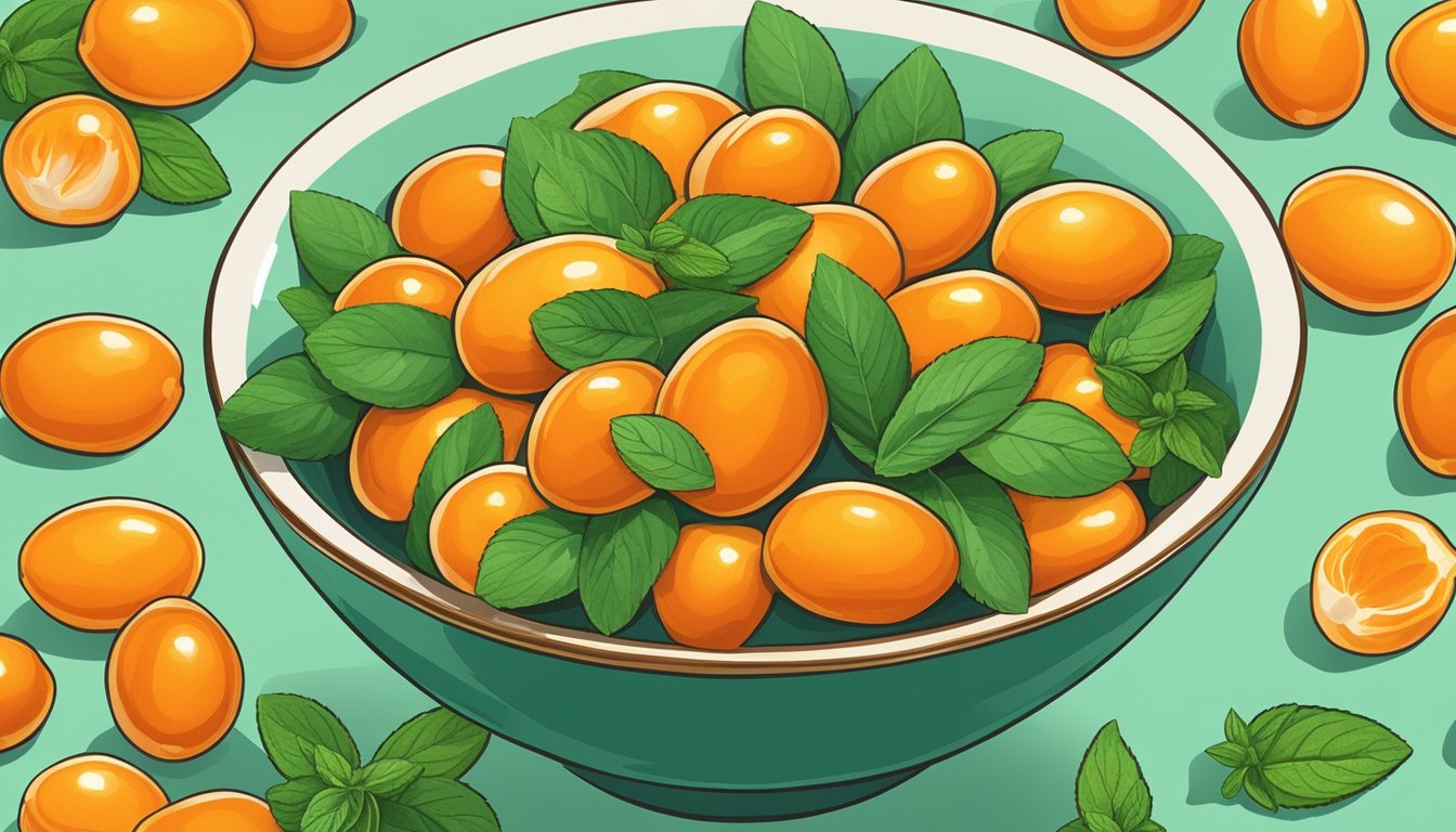 A bowl of kumquats surrounded by fresh mint leaves and sliced almonds, with a soft light shining on the vibrant colors