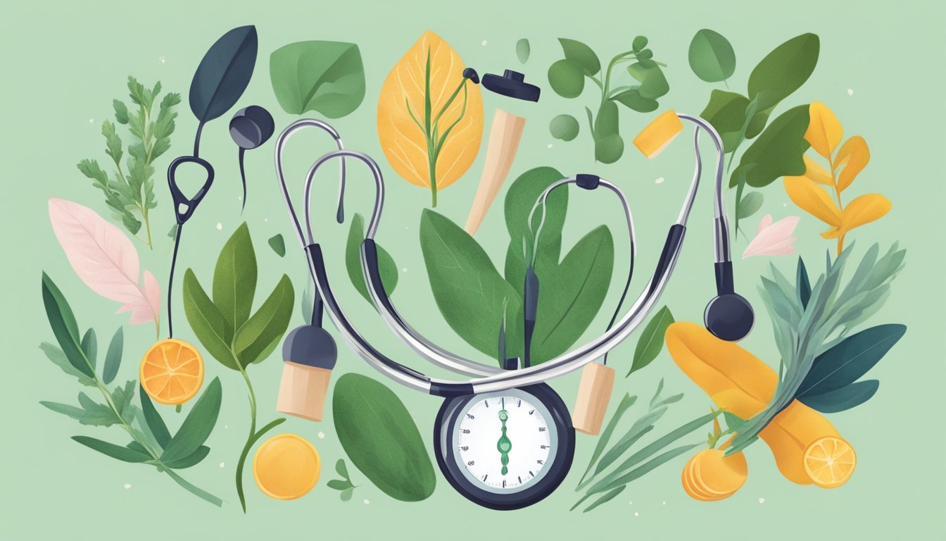 A vibrant illustration of fresh sage leaves surrounded by various women's health-related symbols, such as a stethoscope, heart, and female silhouette