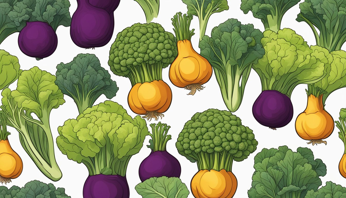 A colorful array of cruciferous vegetables, with a focus on rutabaga, showcasing its unique shape and texture