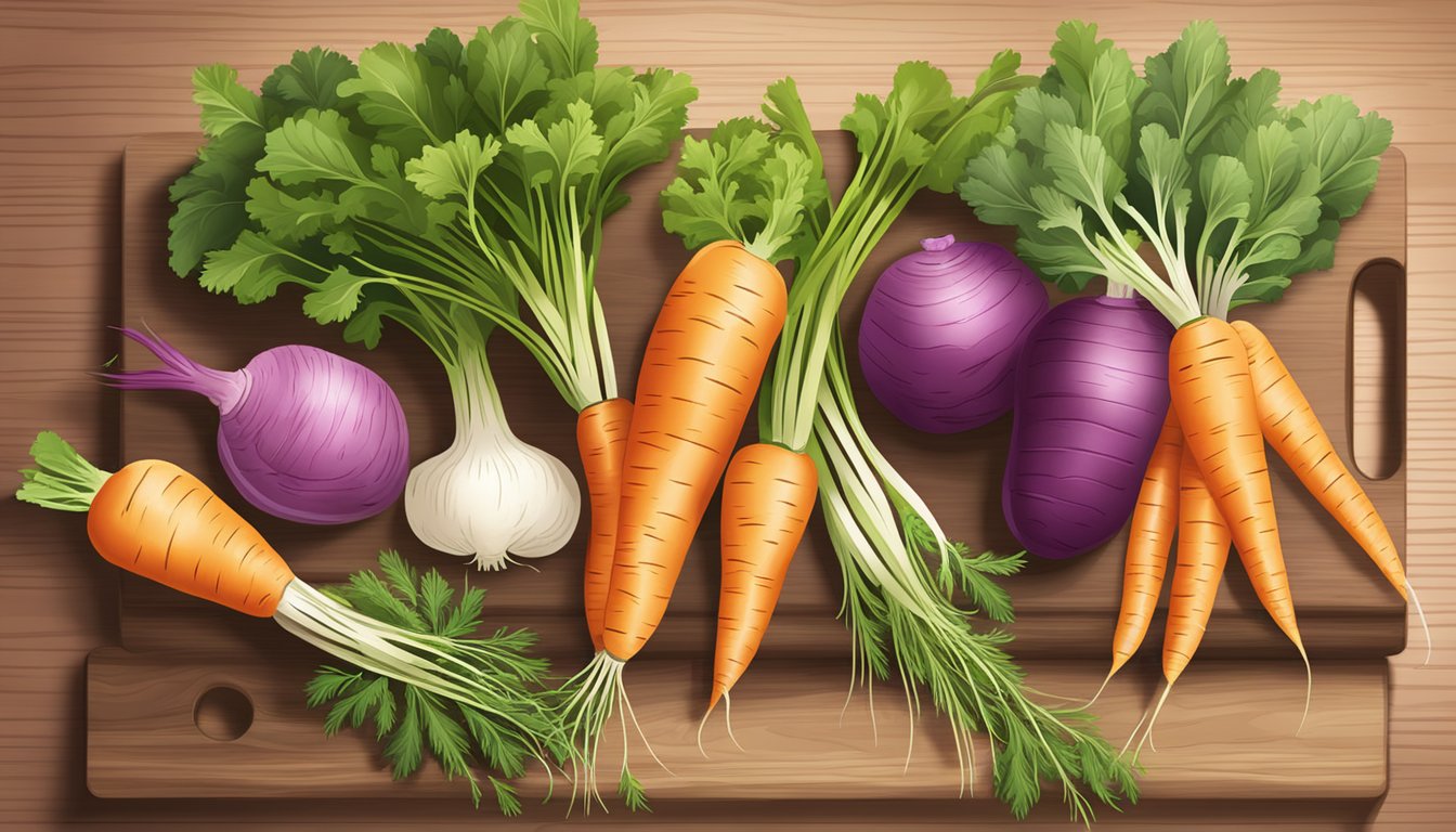 A colorful array of fresh rutabagas, carrots, and herbs on a wooden cutting board