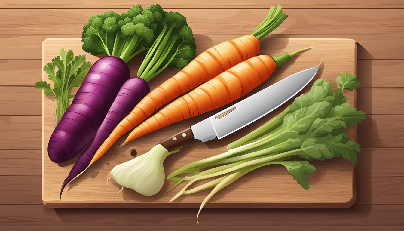 A colorful assortment of fresh rutabagas, carrots, and other vegetables arranged on a wooden cutting board, with a chef's knife nearby