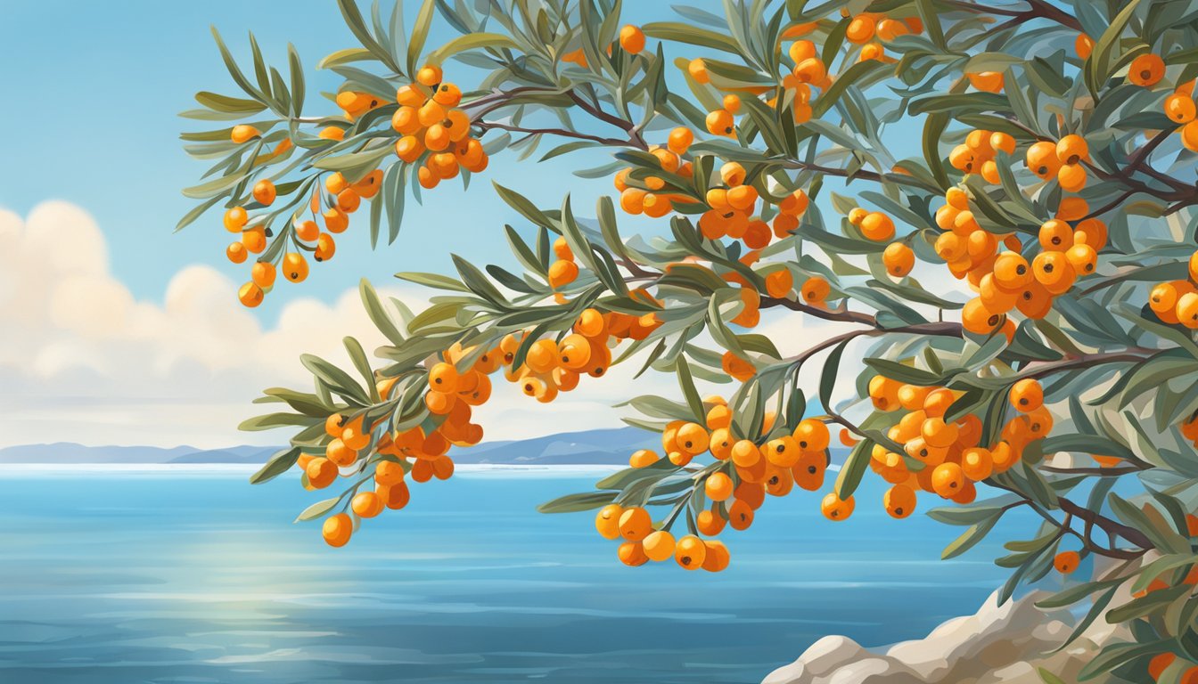 A sea buckthorn bush surrounded by vibrant orange berries, with a backdrop of a clear blue sky and a serene ocean in the distance