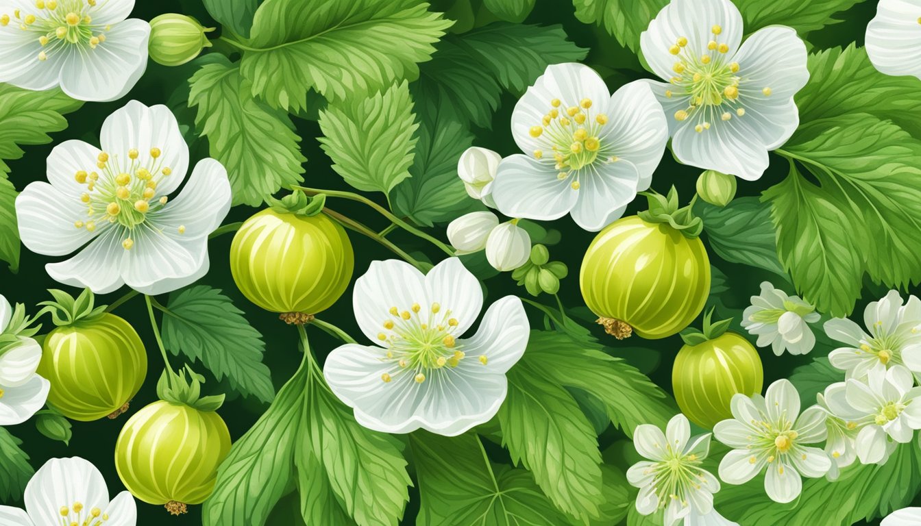 A vibrant illustration of ripe gooseberries surrounded by lush green leaves and delicate white flowers, evoking the potential health benefits and considerations of consuming this fruit