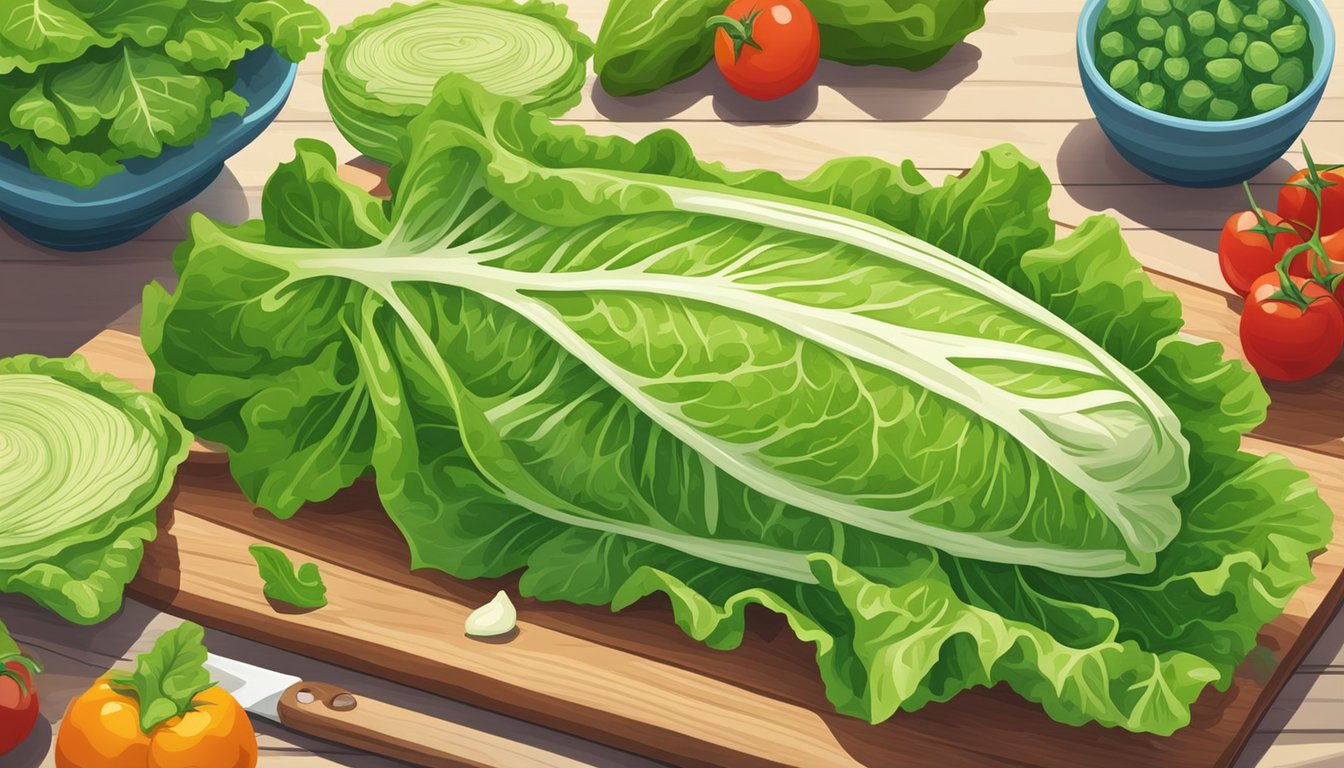 A vibrant bunch of romaine lettuce leaves, fresh and crisp, surrounded by other colorful vegetables on a clean cutting board