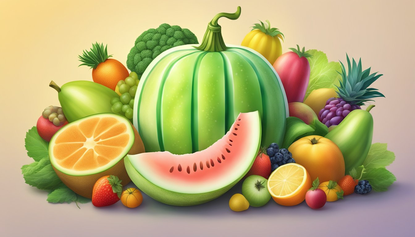 A honeydew melon surrounded by a variety of colorful fruits and vegetables, with a glowing halo above it to symbolize its health benefits